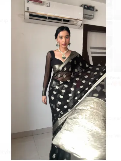 1 Min Black Rust Silver Stitched Readymade Sari