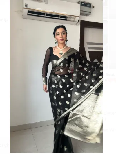 1 Min Black Rust Silver Stitched Readymade Sari