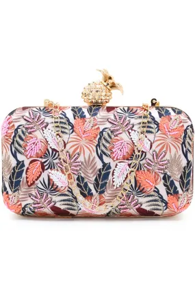 Adorn Cream & Multi Printed Satin Botanical Embroidered Clutch