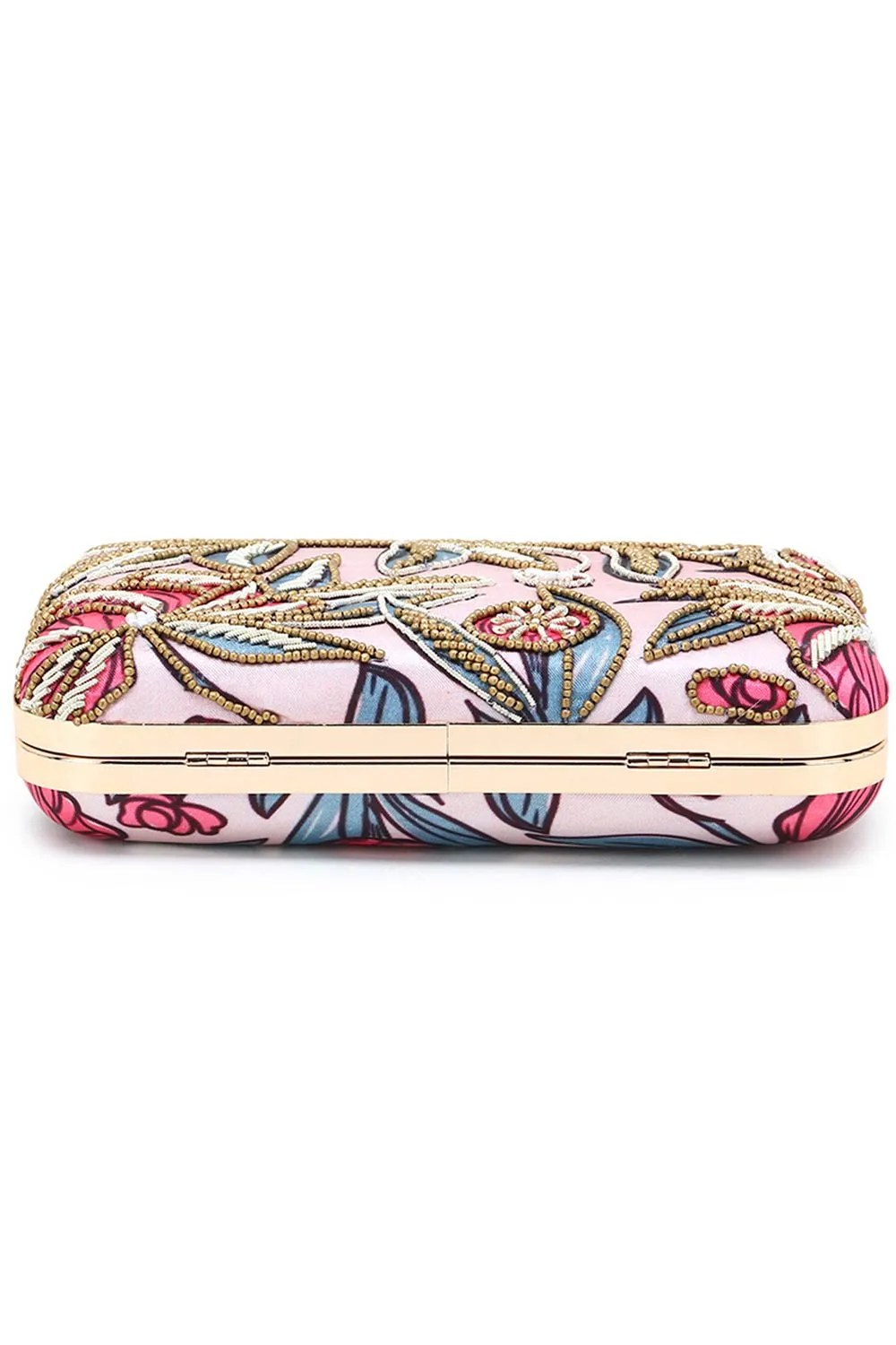 Adorn Pastel Pink & Multi Printed Satin Floral Embellished Clutch