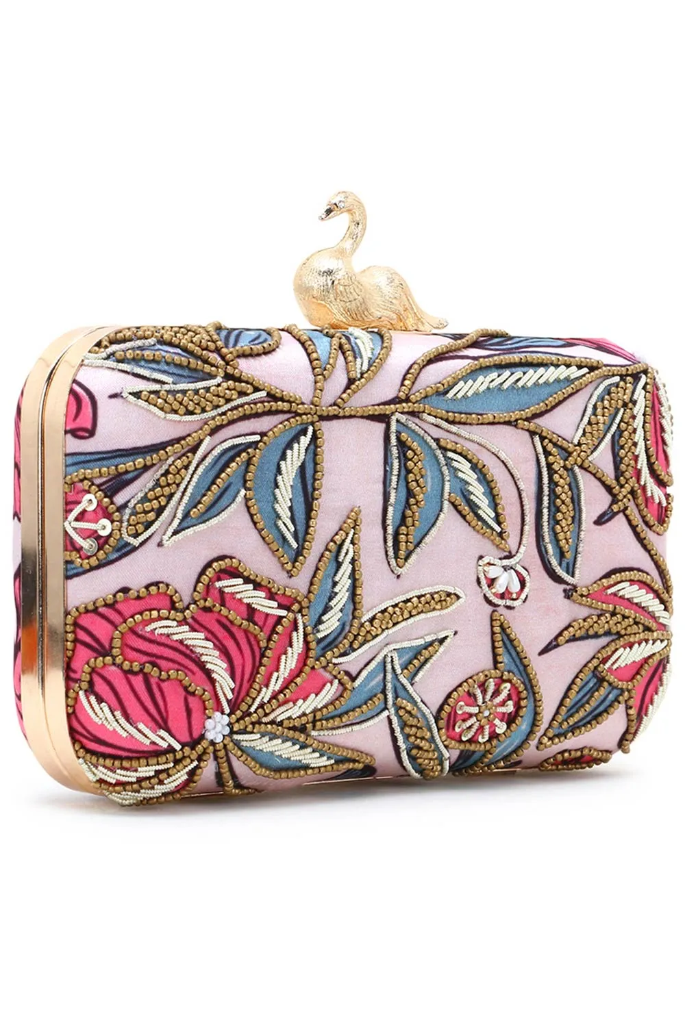 Adorn Pastel Pink & Multi Printed Satin Floral Embellished Clutch