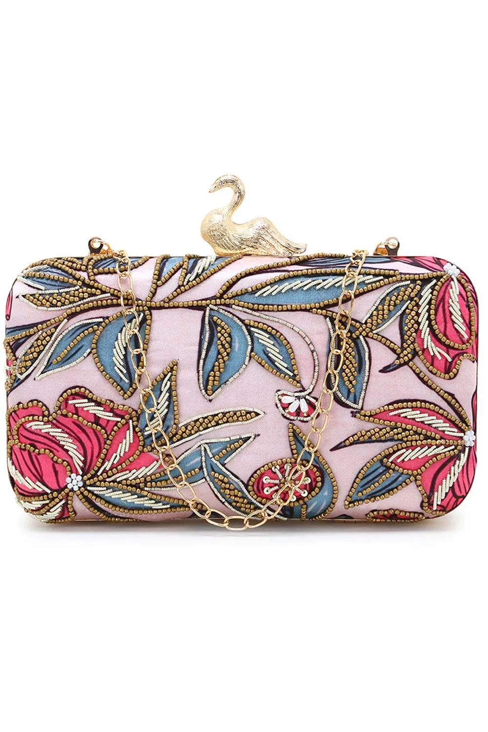 Adorn Pastel Pink & Multi Printed Satin Floral Embellished Clutch