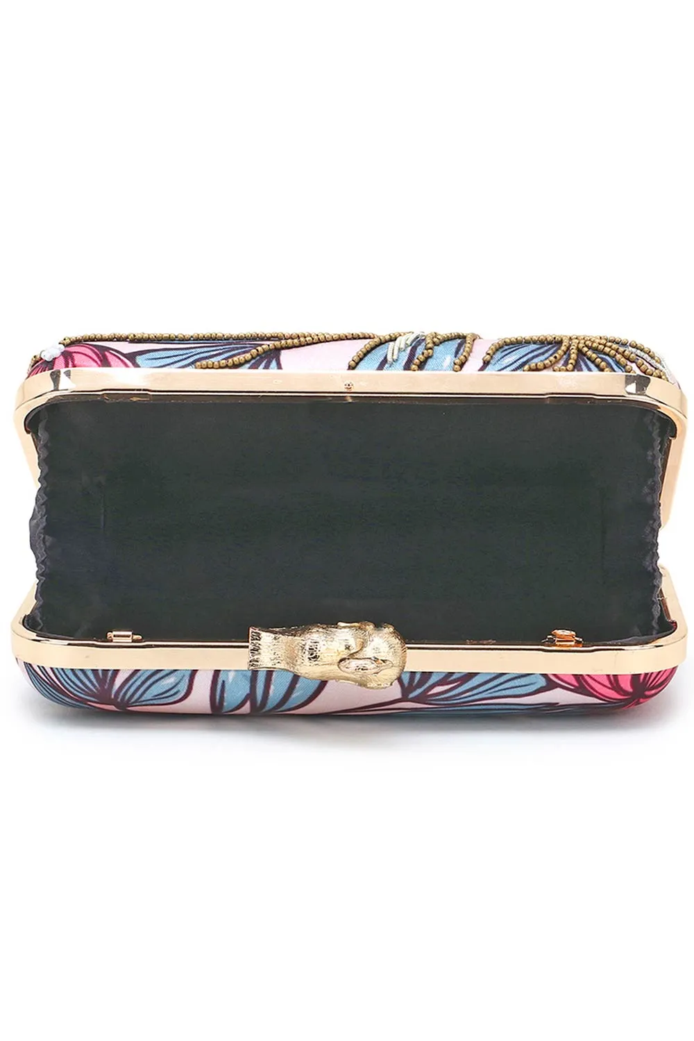 Adorn Pastel Pink & Multi Printed Satin Floral Embellished Clutch