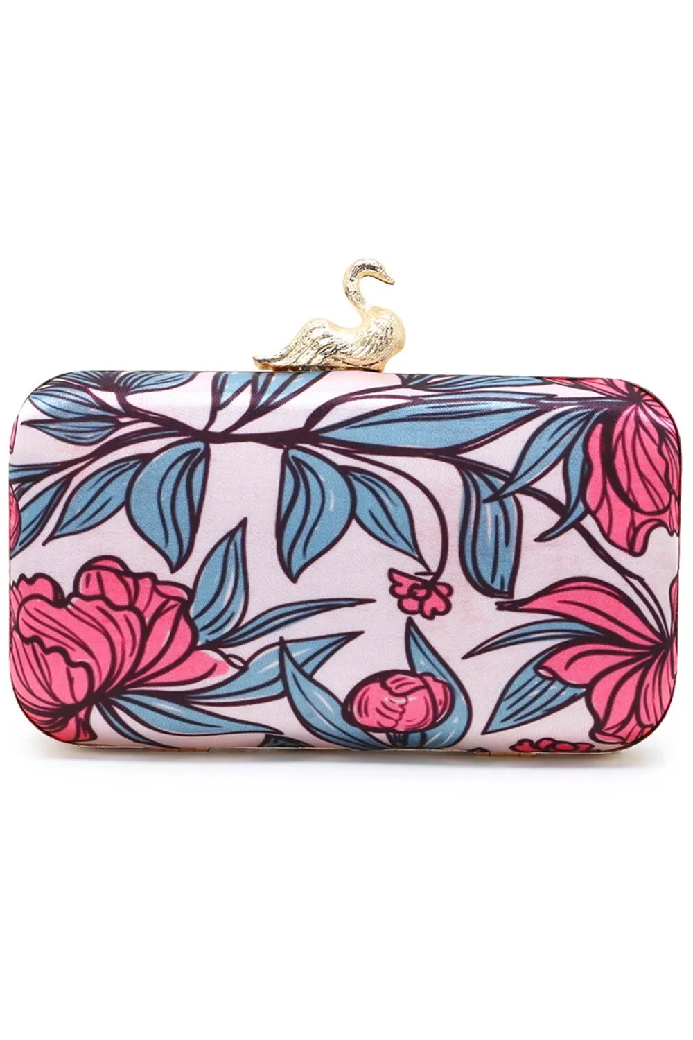 Adorn Pastel Pink & Multi Printed Satin Floral Embellished Clutch