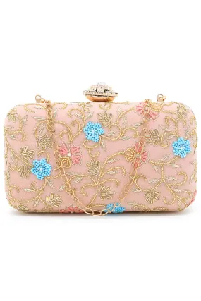 Adorn Peach & Multi Velvet Floral Embellished Clutch