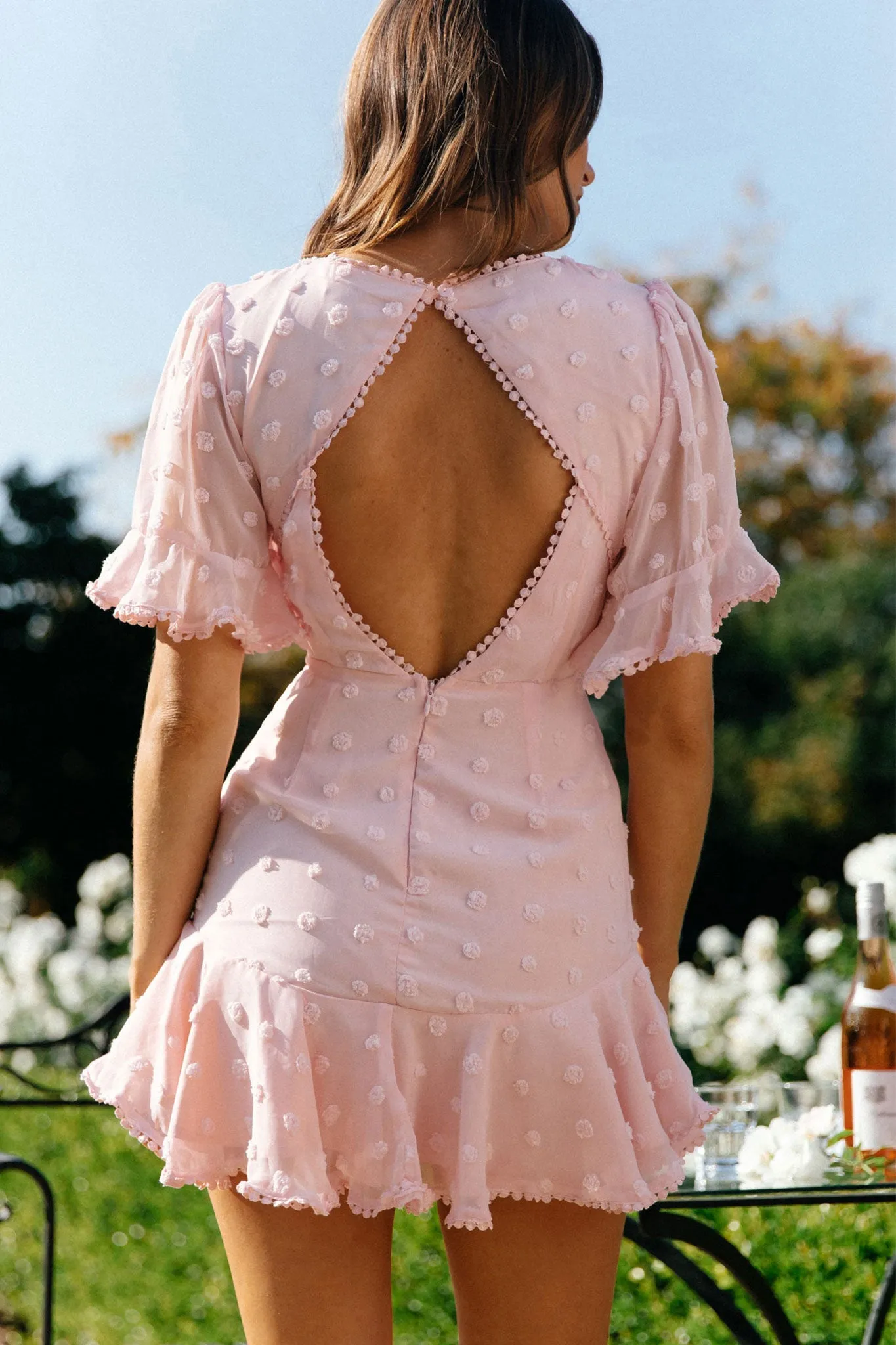 Afternoon Delight Crochet Bust Accent Open Back Dress Pink