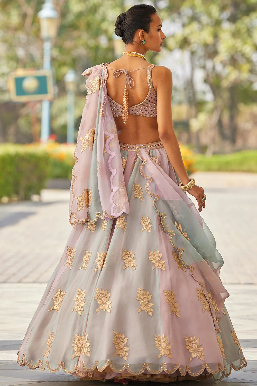 Ash Pink Flower Lehenga Set