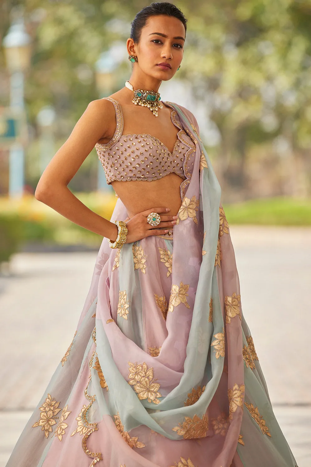 Ash Pink Flower Lehenga Set