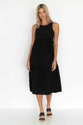 Ava Frill SL Tiered Linen Black Midi Dress