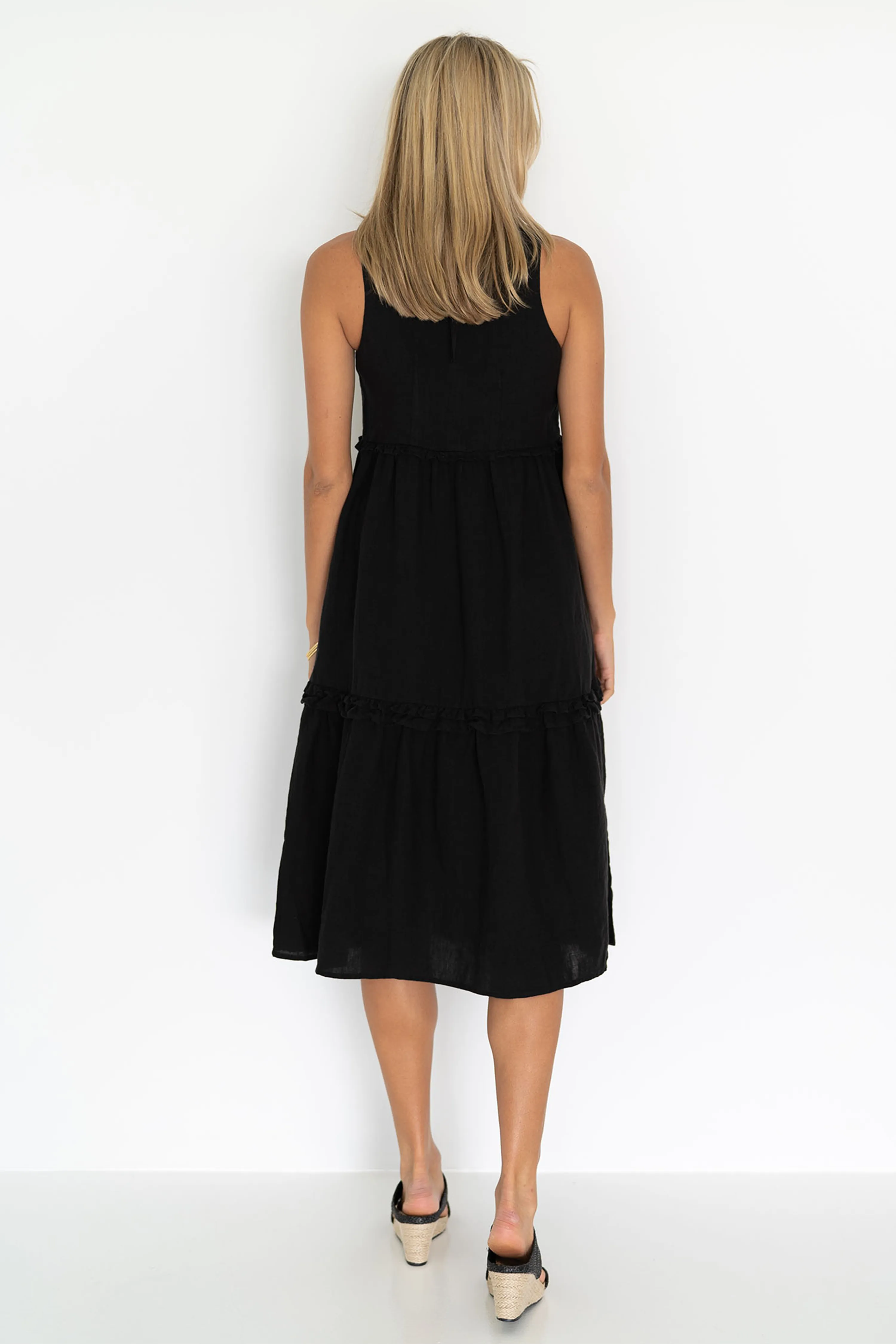 Ava Frill SL Tiered Linen Black Midi Dress