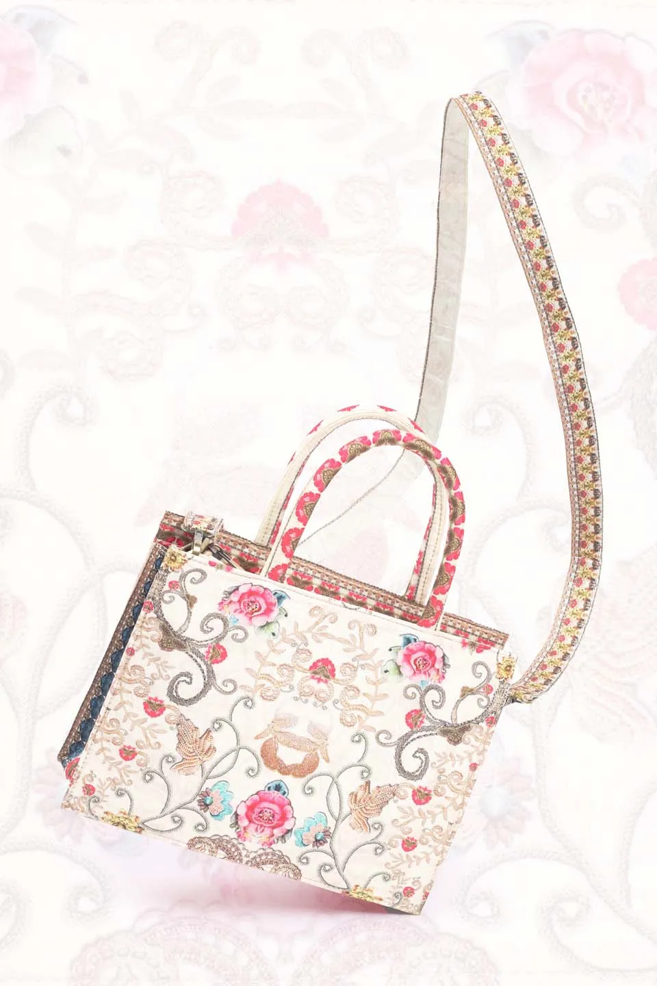 Beige Printed Crepe Handbag