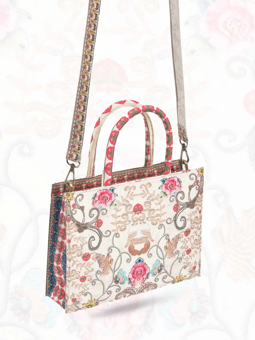 Beige Printed Crepe Handbag