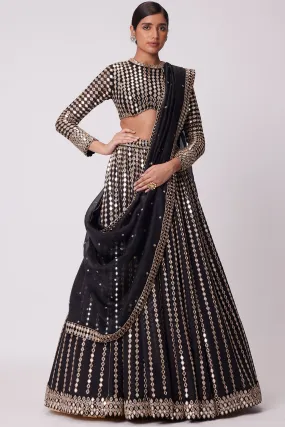 Black Linear Mirror Embroidered Lehenga Set