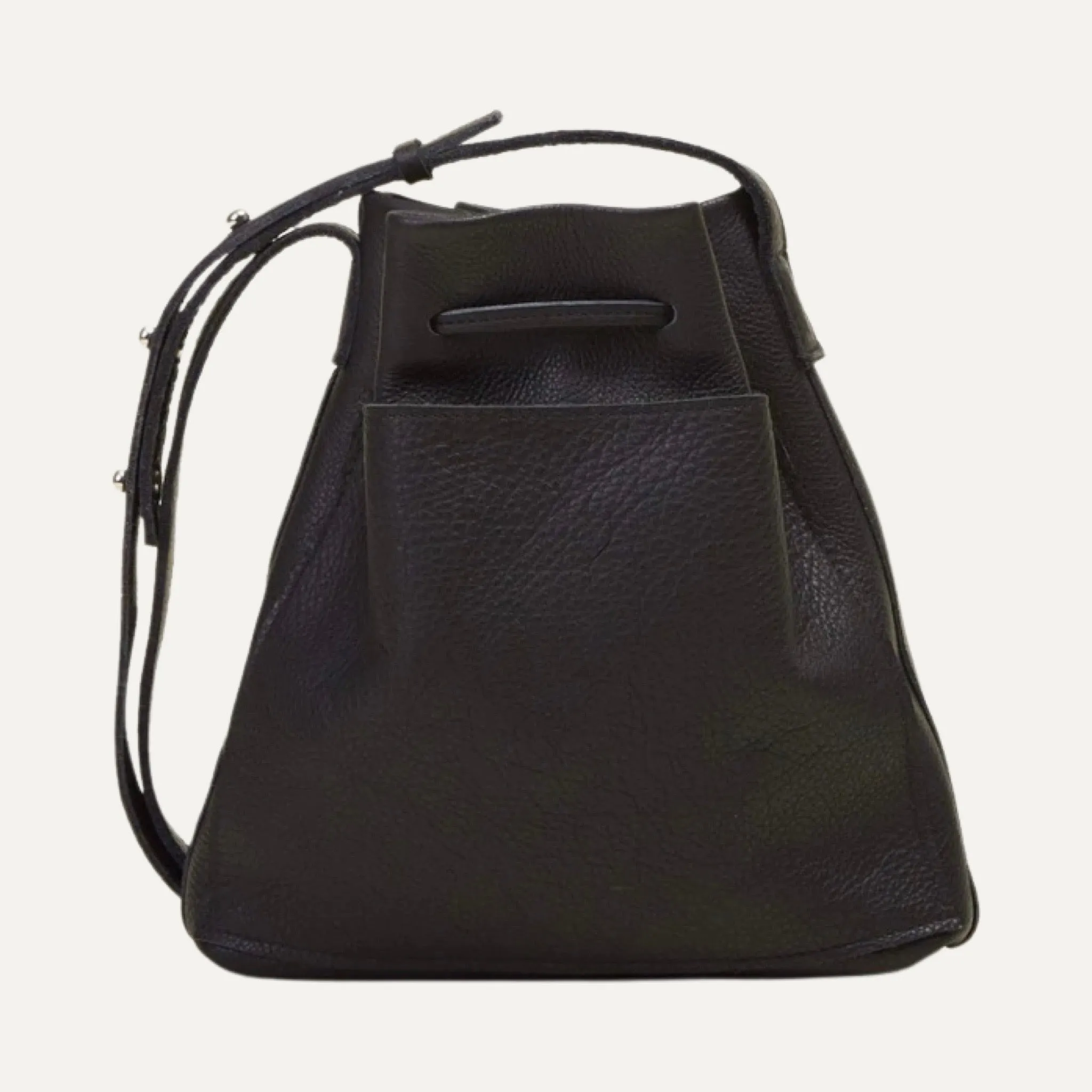 Black Mini Crossbody Tote Bag with leather drawstring closure with adjustable strap & exterior phone pocket.   California Dreamed and Stitched? Made in the USA.  SPECIFICATIONS  EXTERIOR and INTERIOR  Buttery Italian Leather interior &am