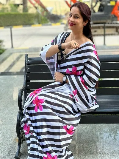 Black White Stripe Satin Digital Print Sari