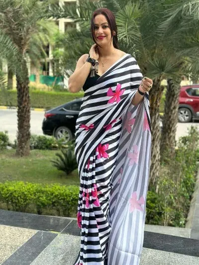 Black White Stripe Satin Digital Print Sari