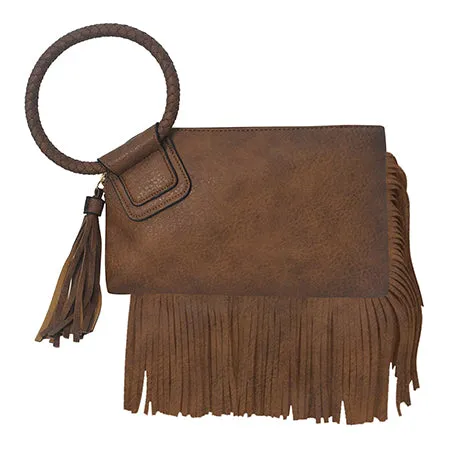 Brown NGIL Faux Leather Fringe Wristlet