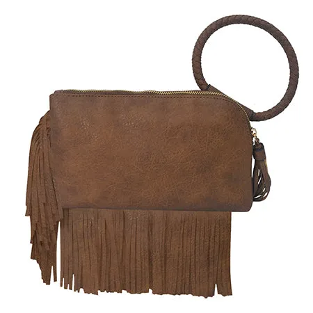 Brown NGIL Faux Leather Fringe Wristlet