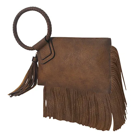 Brown NGIL Faux Leather Fringe Wristlet