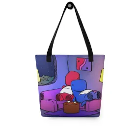 dinosaur couch tote bag