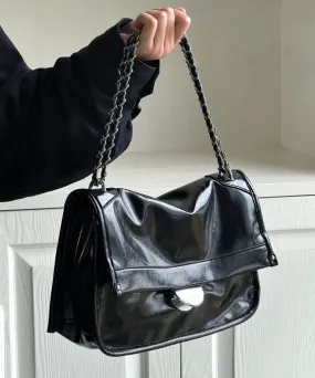 Fashionable And Versatile Black Faux Leather Chain Shoulder Bag MM072