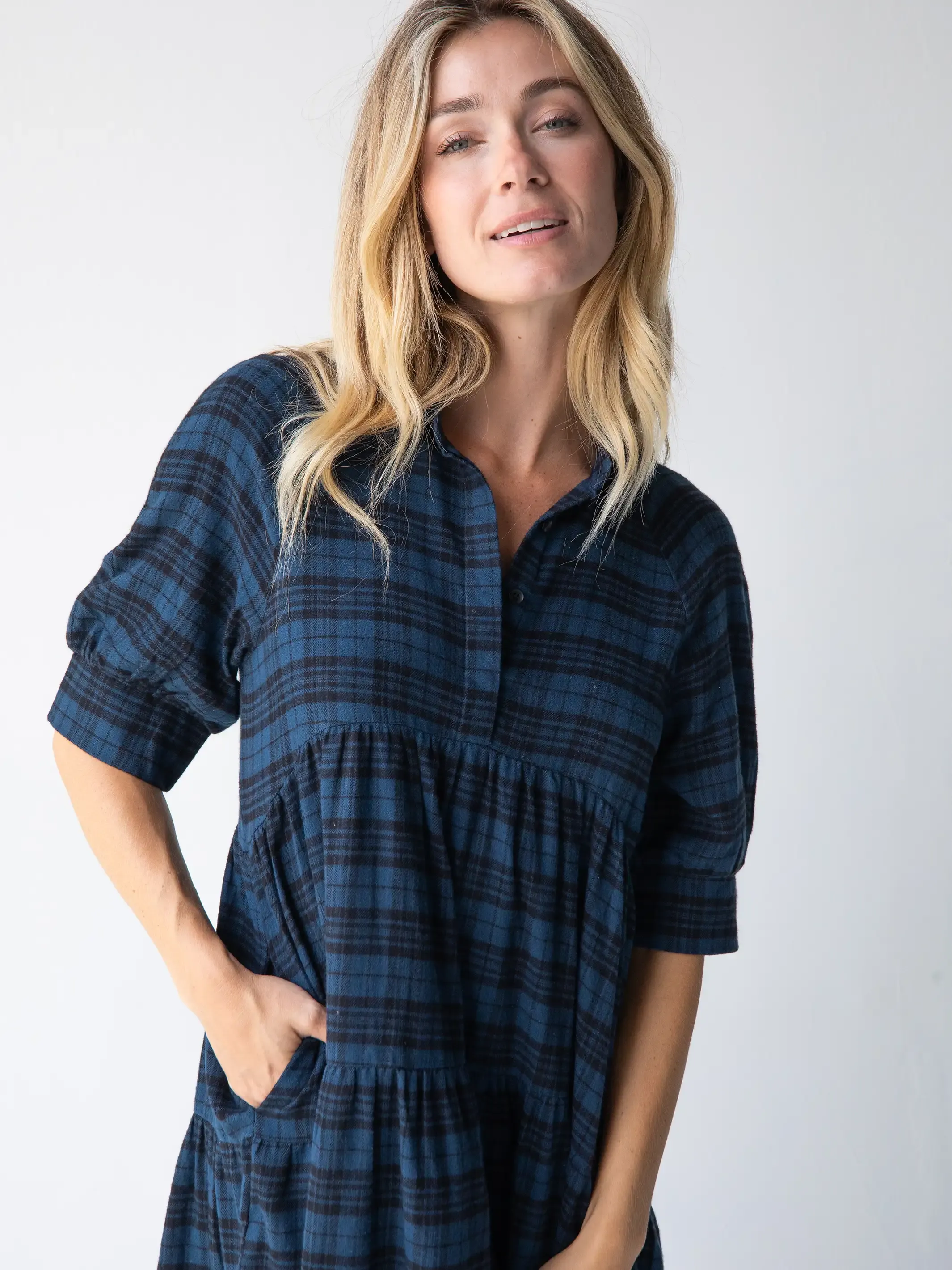 Flannel Rebecca Midi Dress - Blue Black Plaid