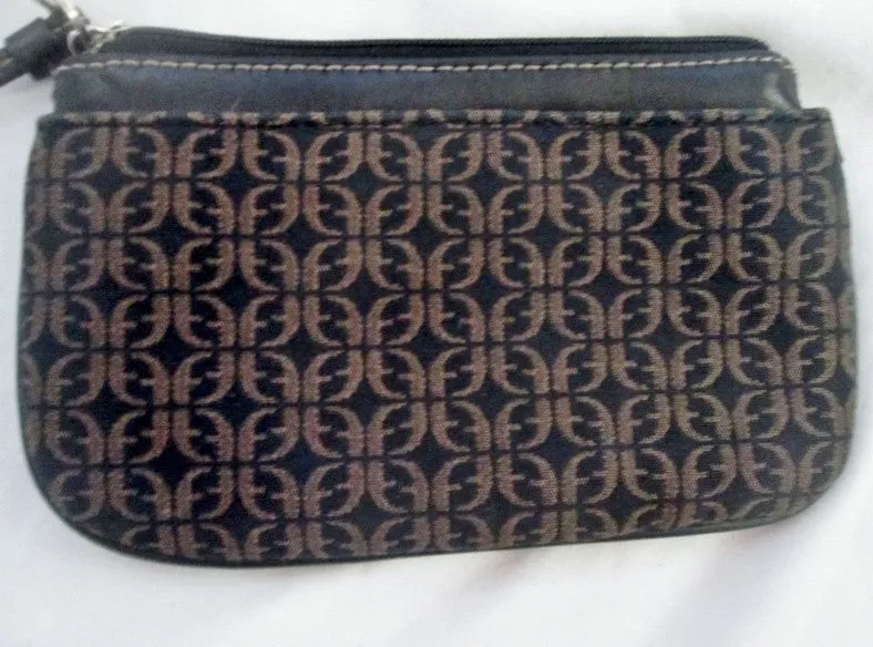 FOSSIL Mini Jacquard Canvas Leather Wristlet Change Purse Wallet Clutch BROWN S