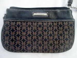 FOSSIL Mini Jacquard Canvas Leather Wristlet Change Purse Wallet Clutch BROWN S