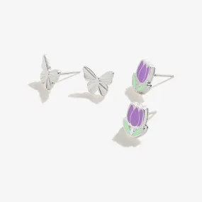 Happiness Flower   Butterfly Stud Earrings, Set of 2