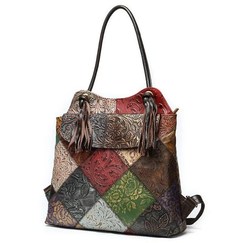 Lady’s Sling Bag or Backpack with Floral Embossed Designs on Leather Patchwork Pattern