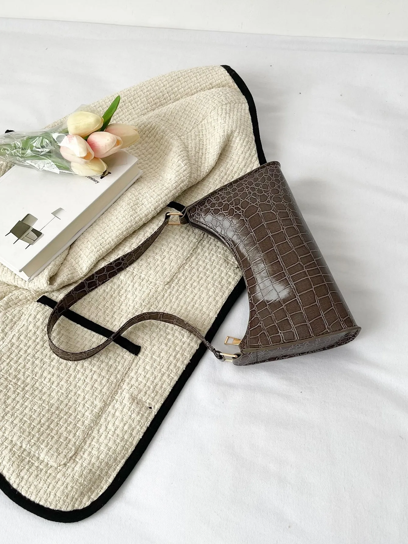 Minimalist Croc Embossed Baguette Bag