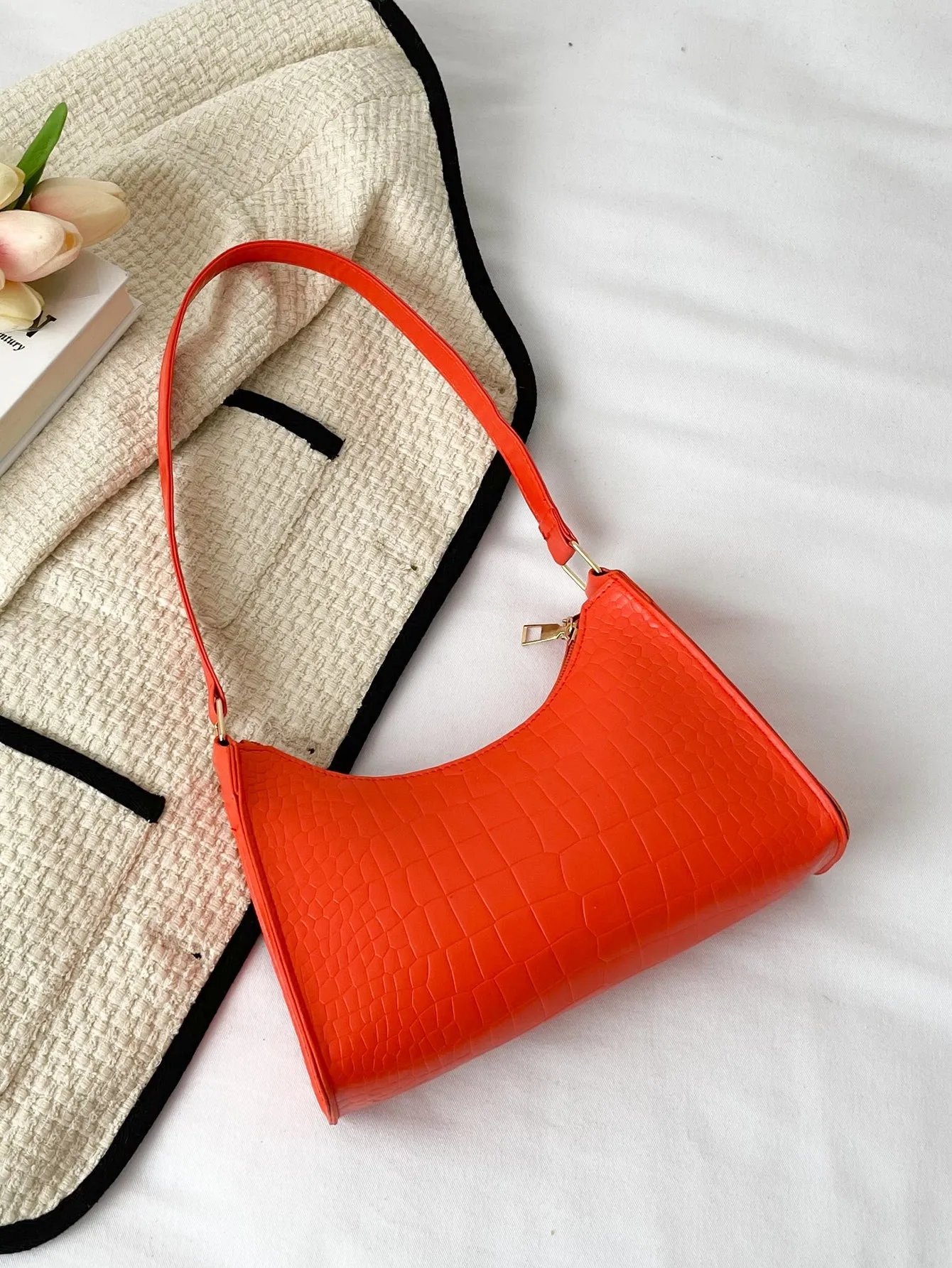 Minimalist Croc Embossed Baguette Bag