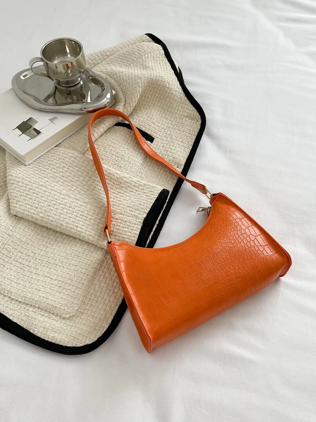 Minimalist Croc Embossed Baguette Bag