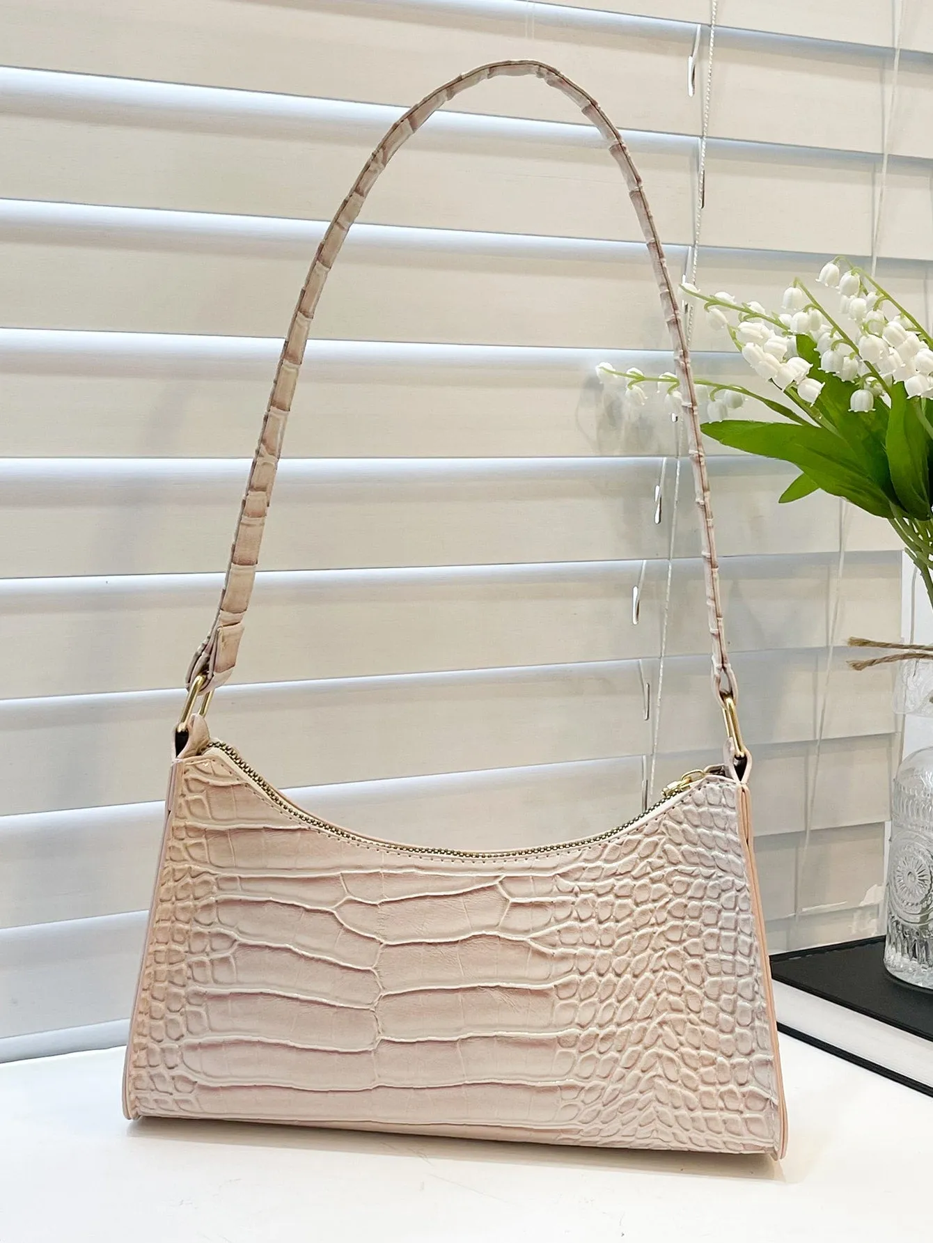 Minimalist Croc Embossed Baguette Bag