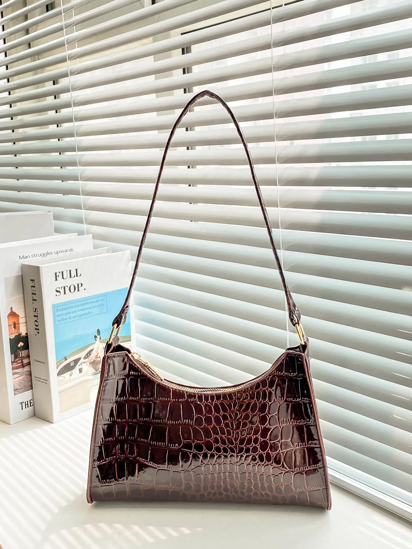 Minimalist Croc Embossed Baguette Bag