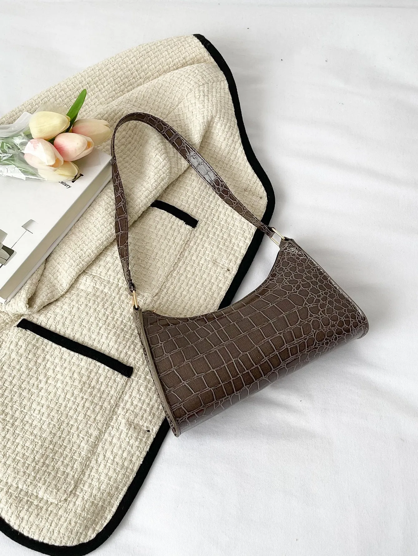 Minimalist Croc Embossed Baguette Bag