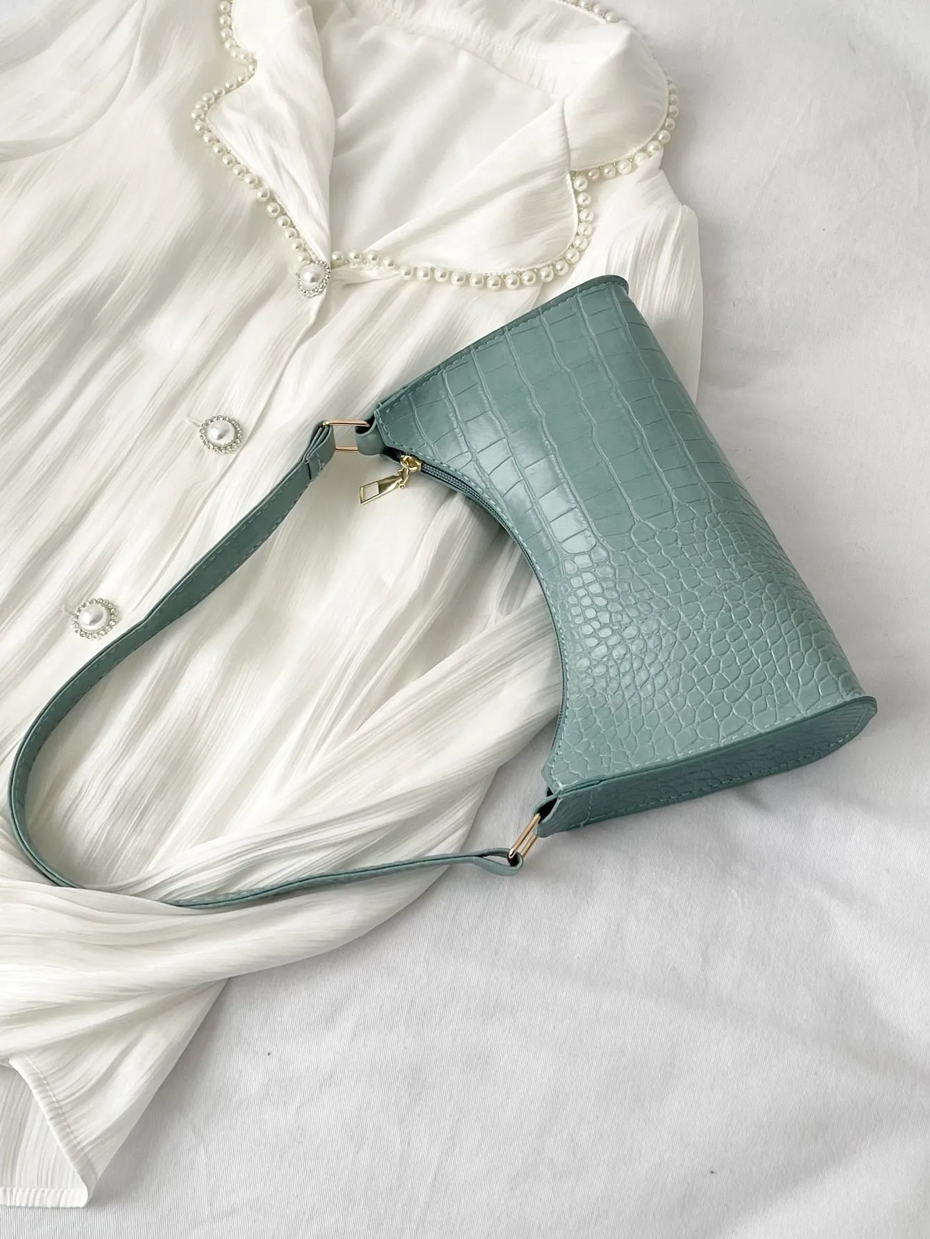 Minimalist Croc Embossed Baguette Bag