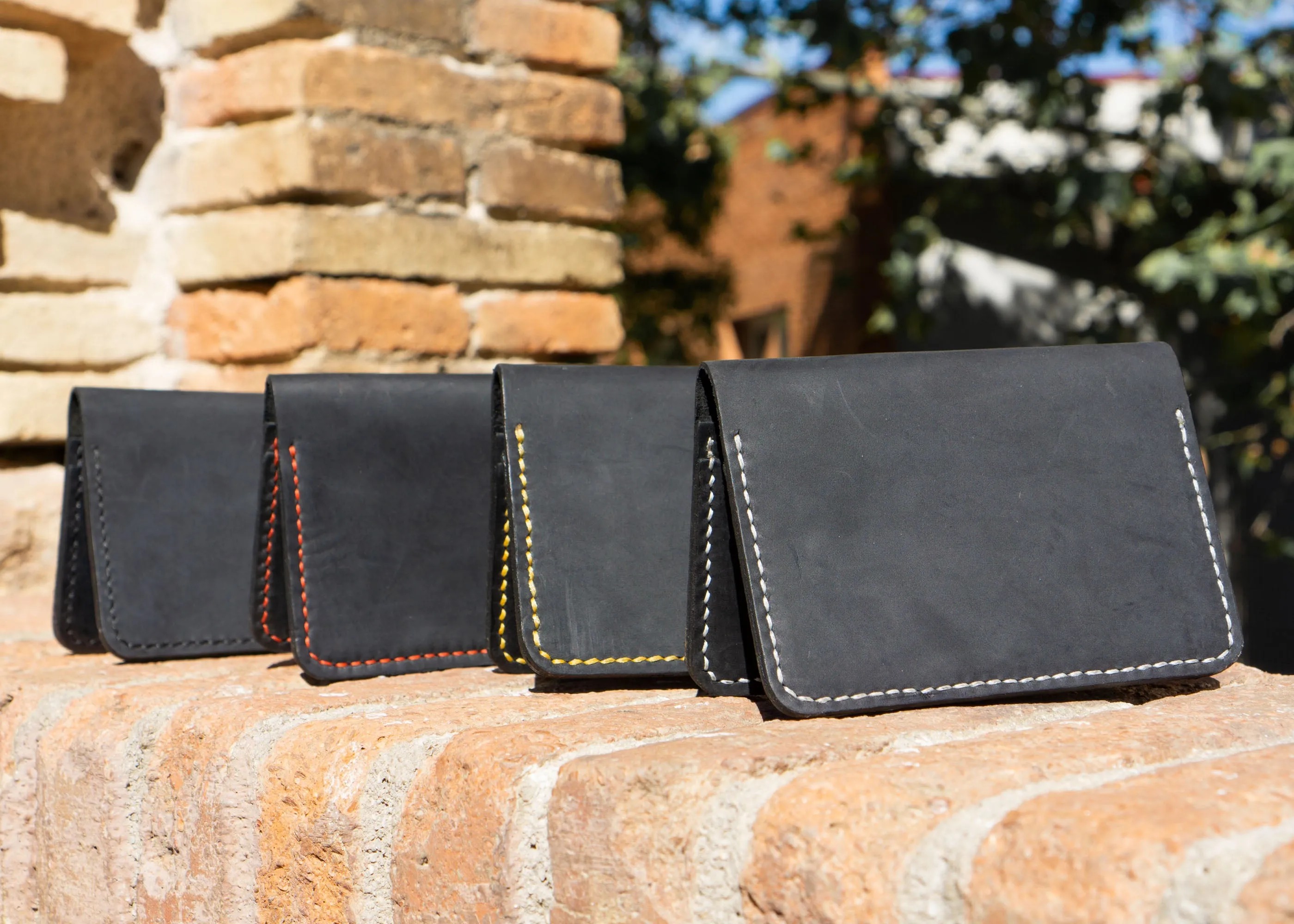 Minimalist Leather Wallet- Fashion Racing, Black Leather Yellow Thread