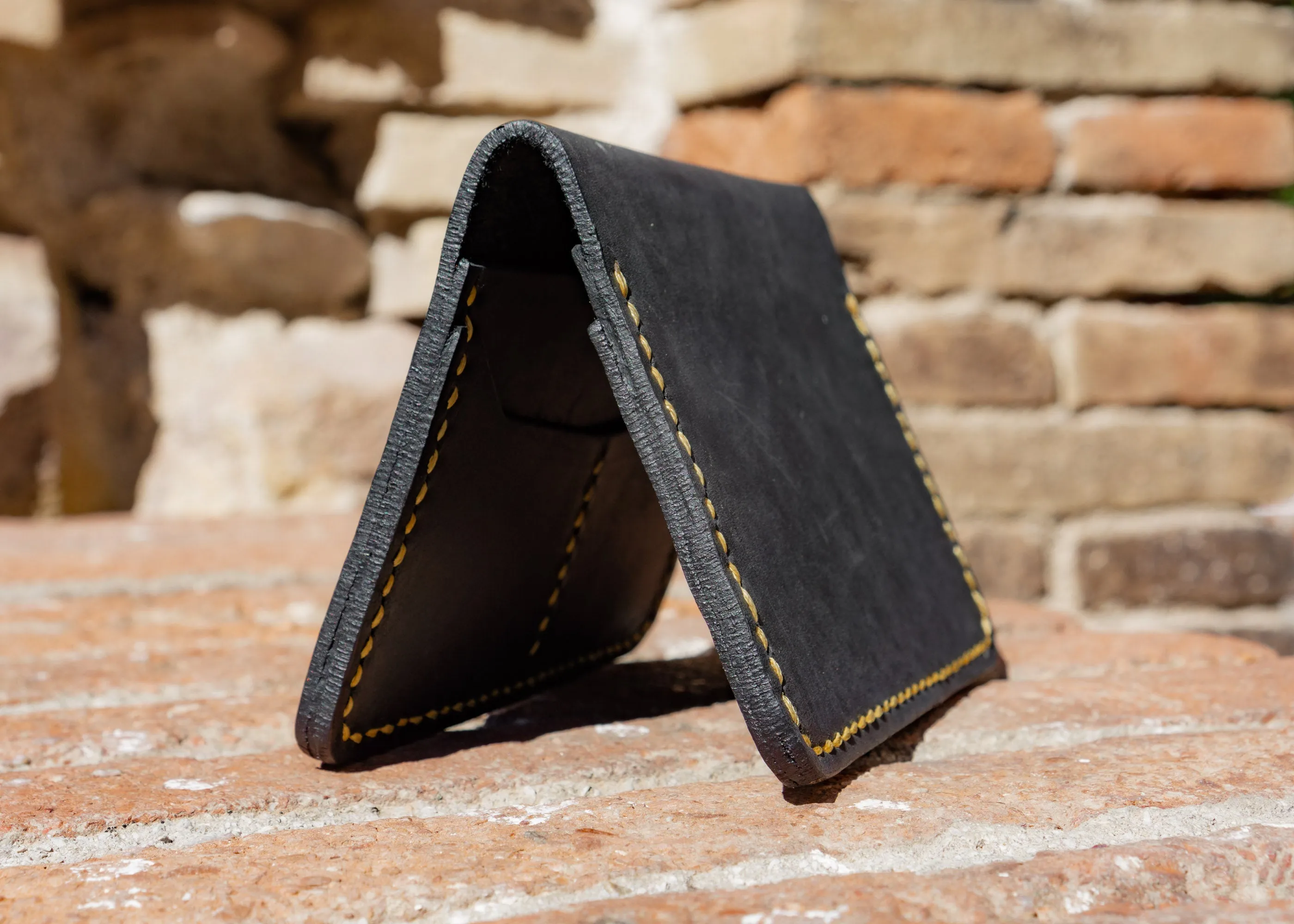 Minimalist Leather Wallet- Fashion Racing, Black Leather Yellow Thread