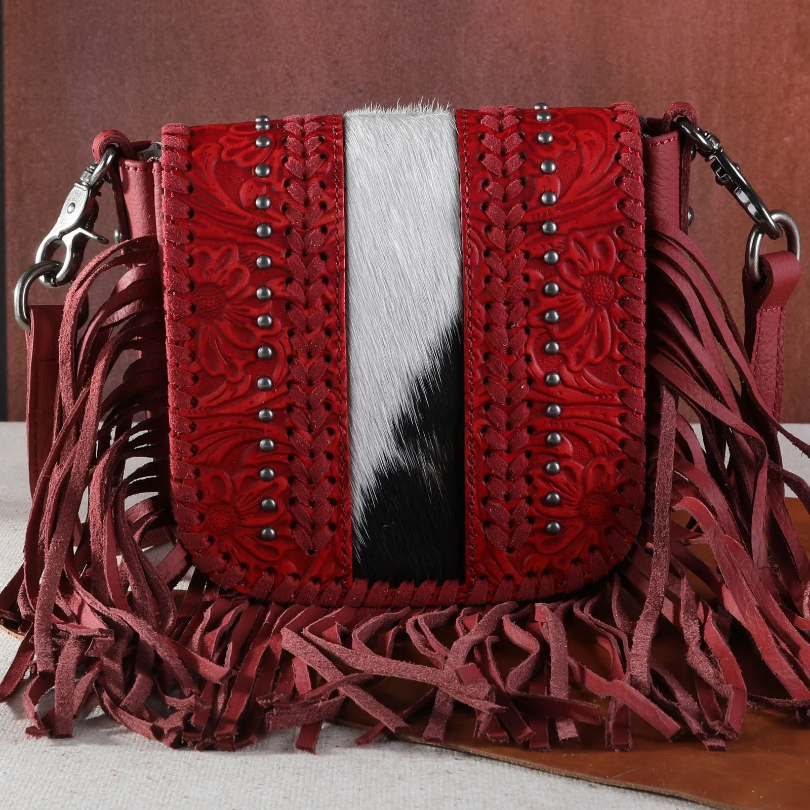 Montana West Genuine Leather Tooled Fringe Crossbody