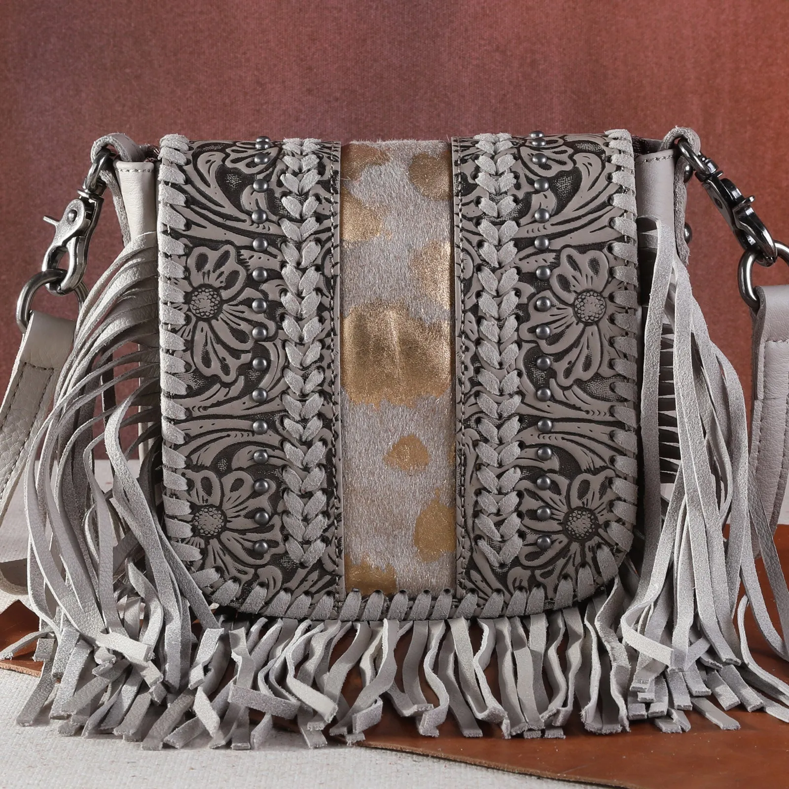 Montana West Genuine Leather Tooled Fringe Crossbody