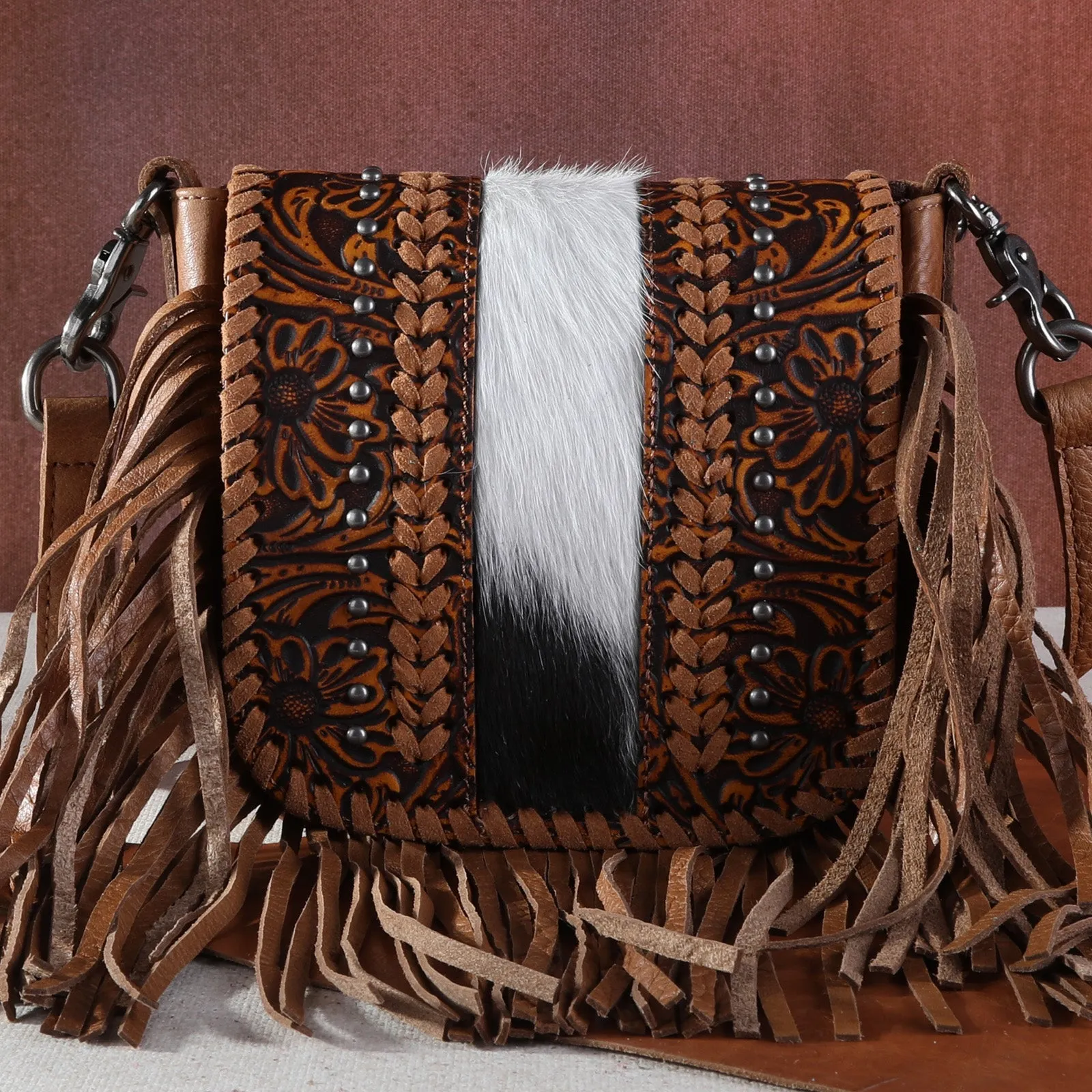 Montana West Genuine Leather Tooled Fringe Crossbody