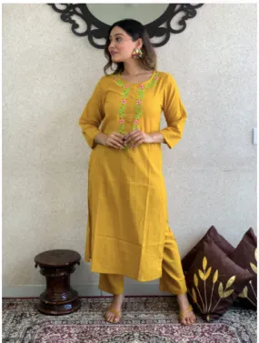 Mustard Embroidery Kurti Pant Set