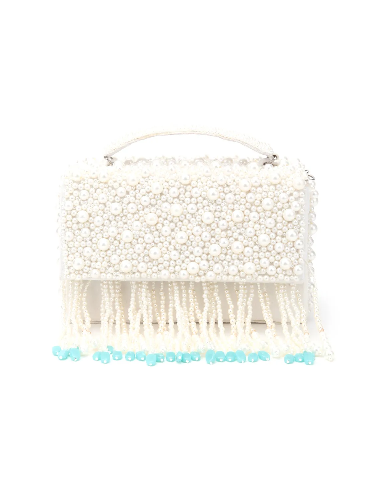 Odette  White And Blue Fabric Pearls Bridal Clutch For Women