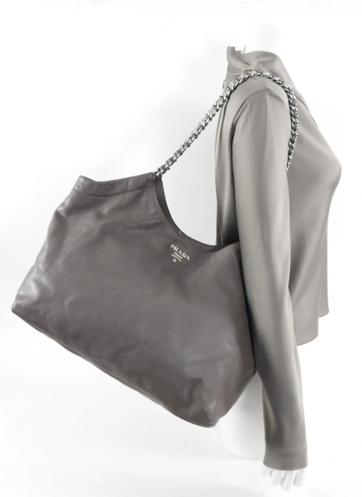 Prada Taupe Leather Large Soft Calf Chain Tote Bag