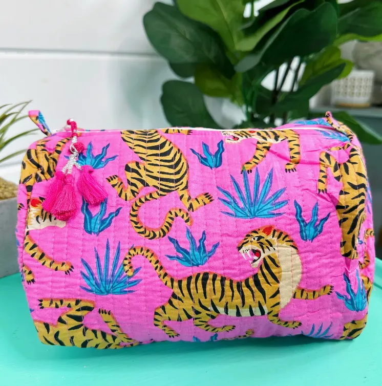 Quilted Cosmetic Bag | Pink & Blue Tigers