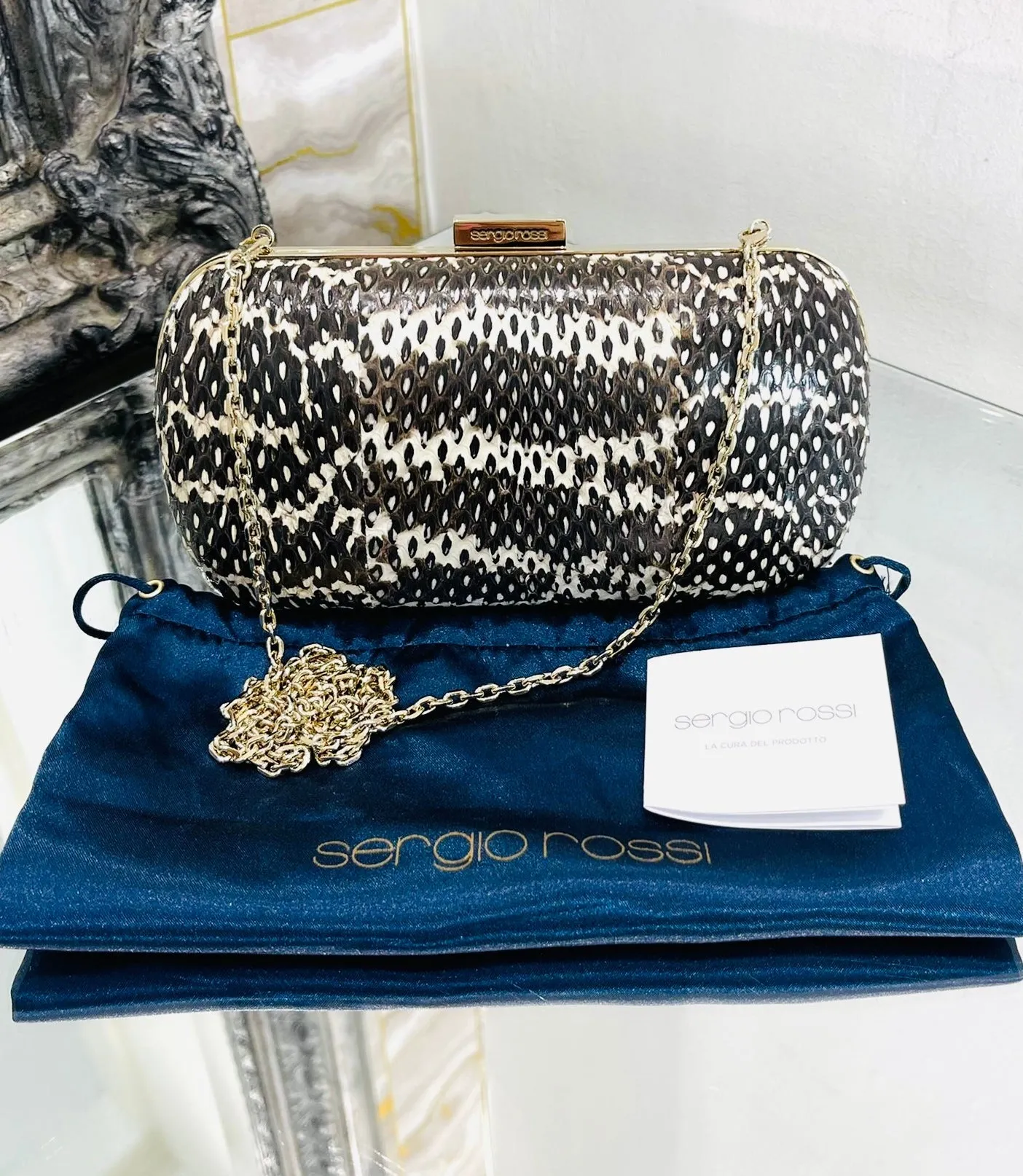 Sergio Rossi Lizard Skin Clutch Bag With Chain Strap