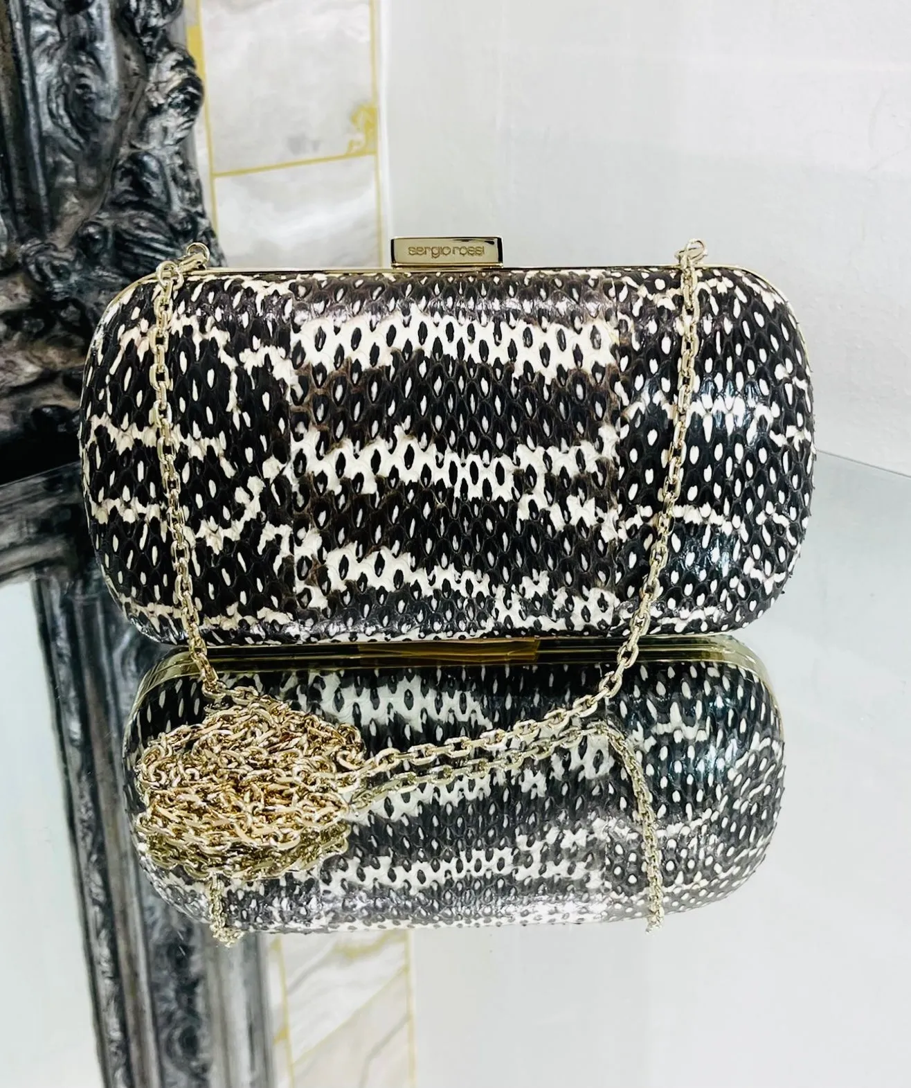 Sergio Rossi Lizard Skin Clutch Bag With Chain Strap