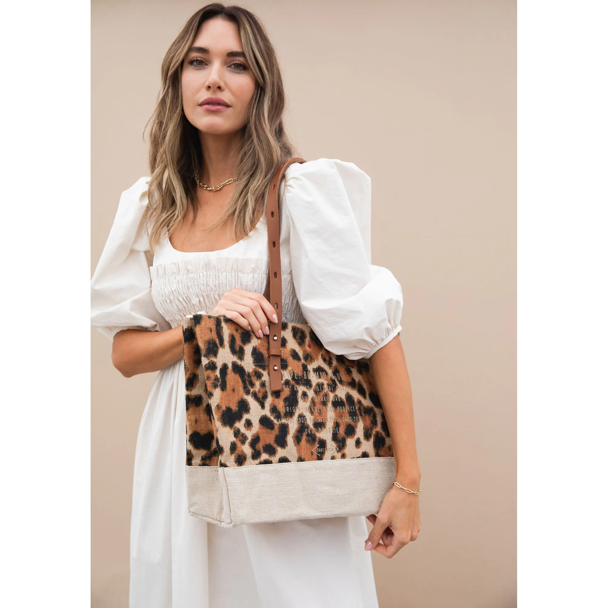 Shoulder Market Bag in Cheetah Print with Monogram