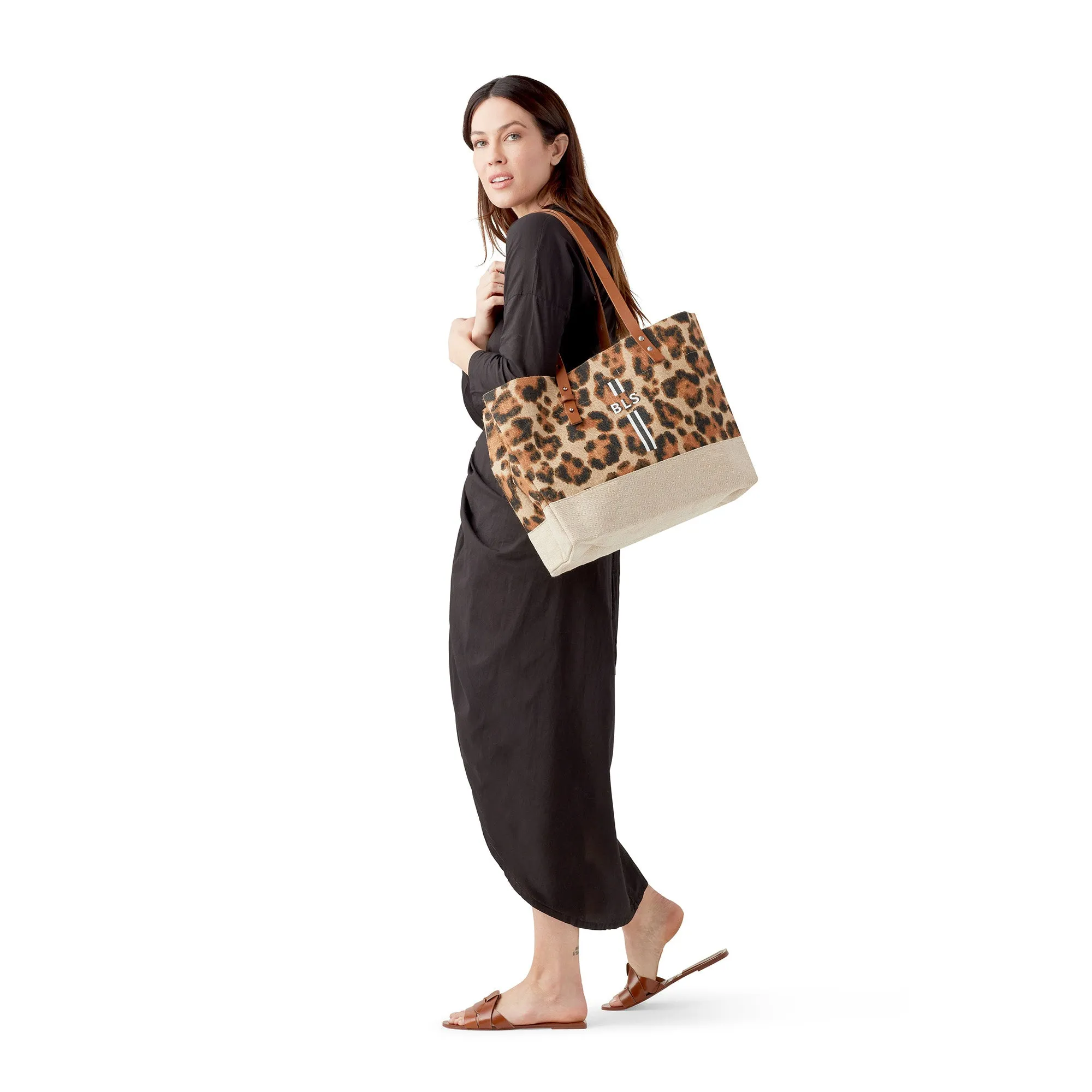 Shoulder Market Bag in Cheetah Print with Monogram